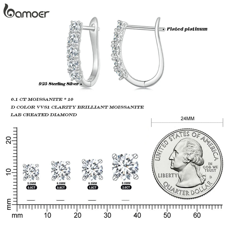 Bamoer 1.0CT Moissanite Ear Buckles 925 Sterling Silver U-Shaped Hoop Earrings for Women Valentine's Day Jewelry Gift